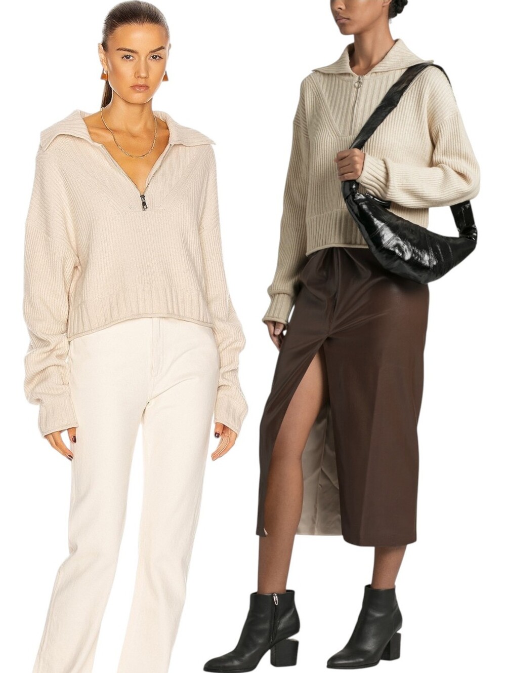 Jonathan SimkhaiJia Oatmeal Ecru Wool Cashmere Blend Cropped Polo Sweater